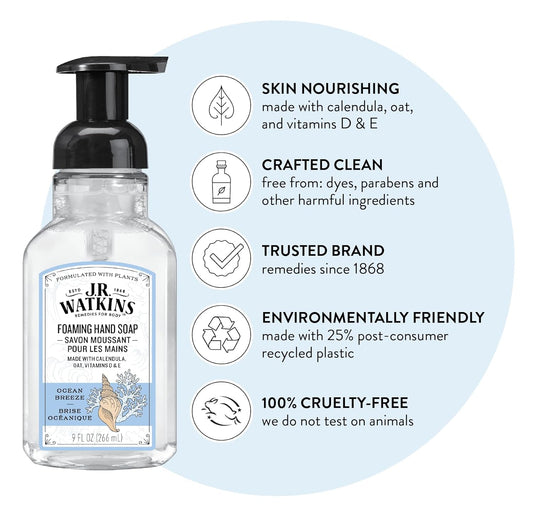 J.R. Watkins Foaming Hand Soap With Pump Dispenser, Moisturizing Foam Hand Wash, All Natural, Alcohol-Free, Cruelty-Free, Usa Made, Ocean Breeze, 9 Fl Oz, 3 Pack