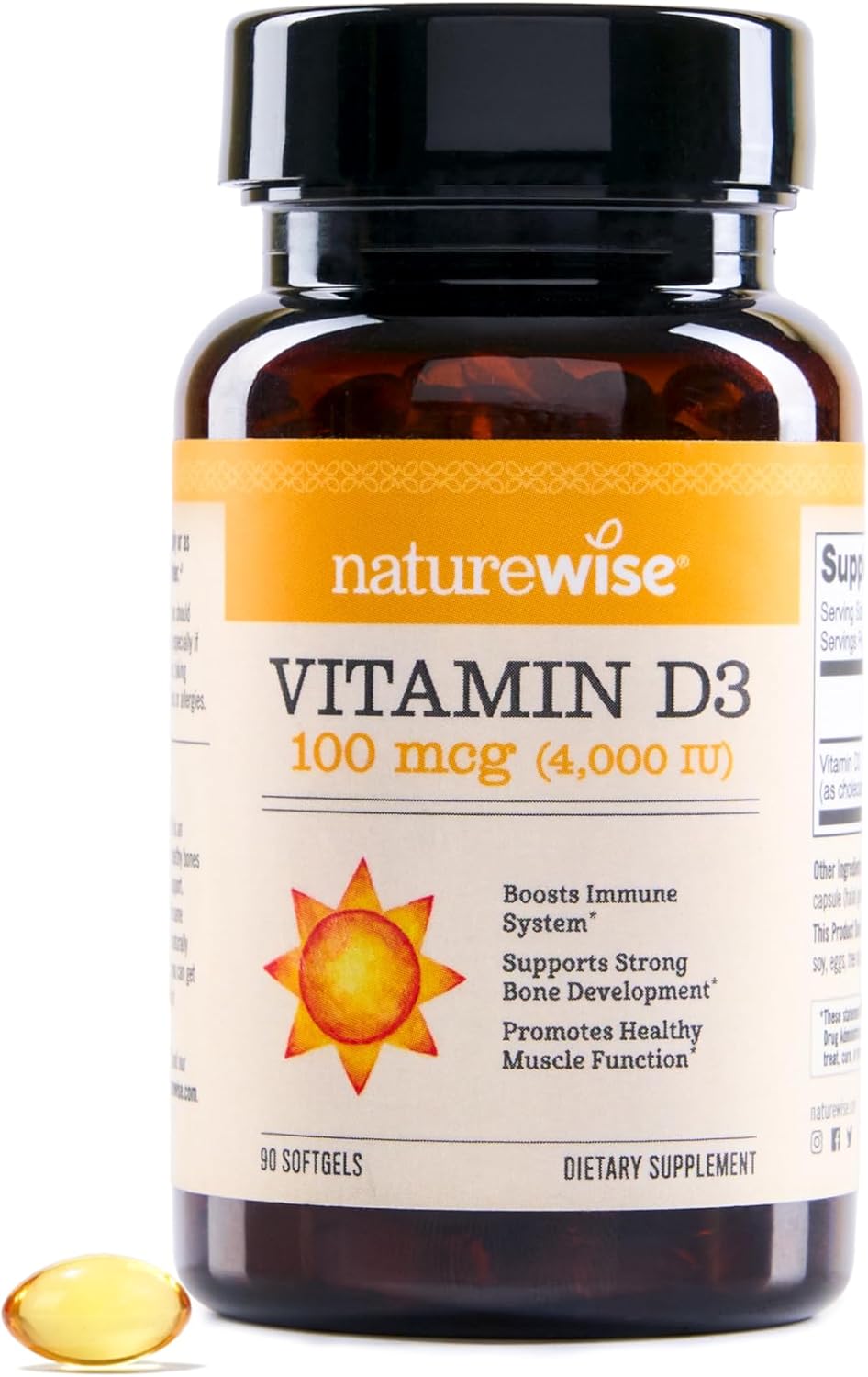 Naturewise Vitamin D3 4000Iu (100 Mcg) 90-Day Supply For Immune Support, Healthy Muscle Function, And Bone Health - Non-Gmo, Gluten Free In Organic Extra Virgin Olive Oil, (Mini Softgel), 90 Count