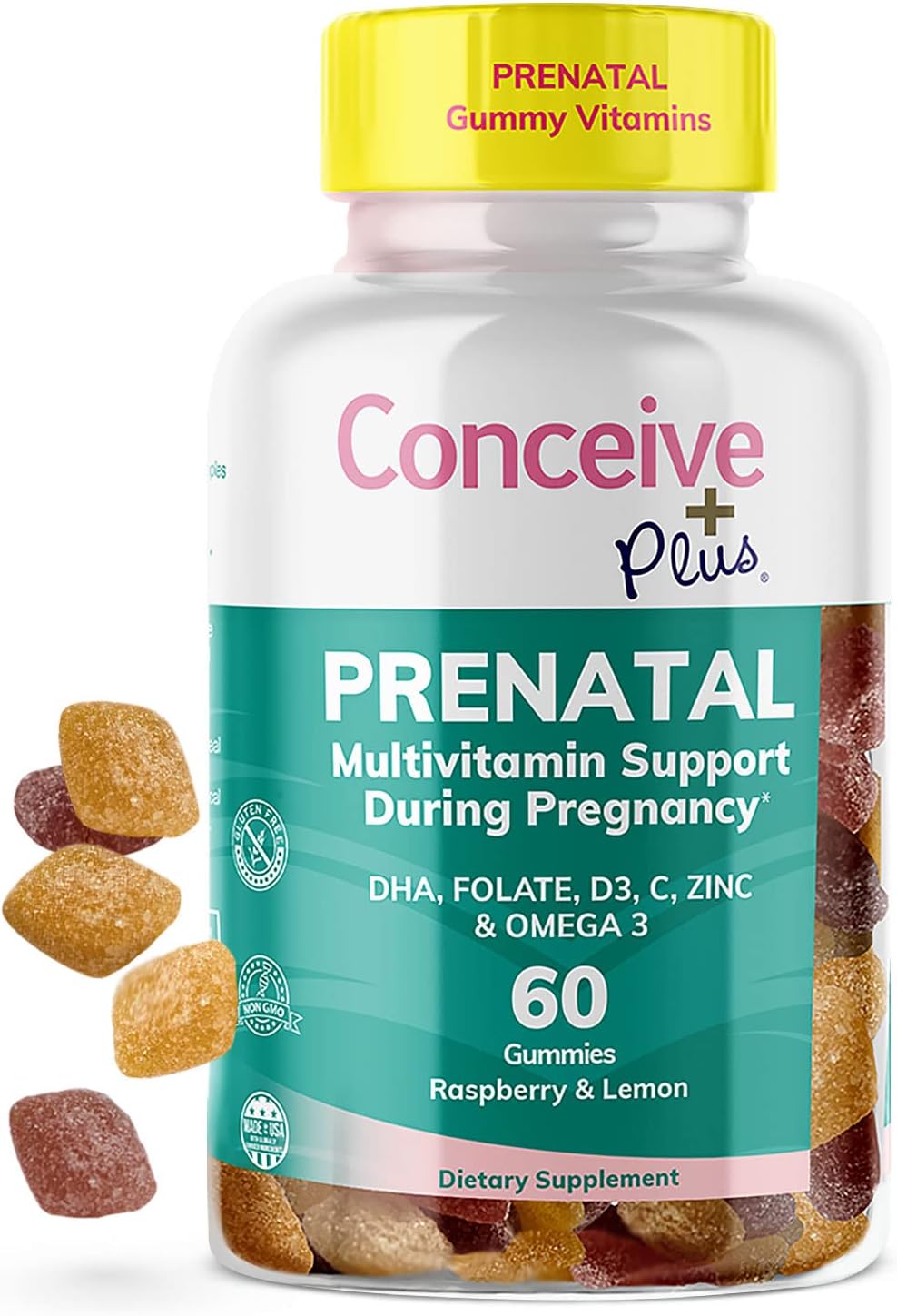 Conceive Plus Prenatal Gummies - Dha, Folic Acid, Vitamin D3, C, Zinc, And Omega 3, Natural Lemon + Raspberry Flavor, 60 Count, 30 Day Supply