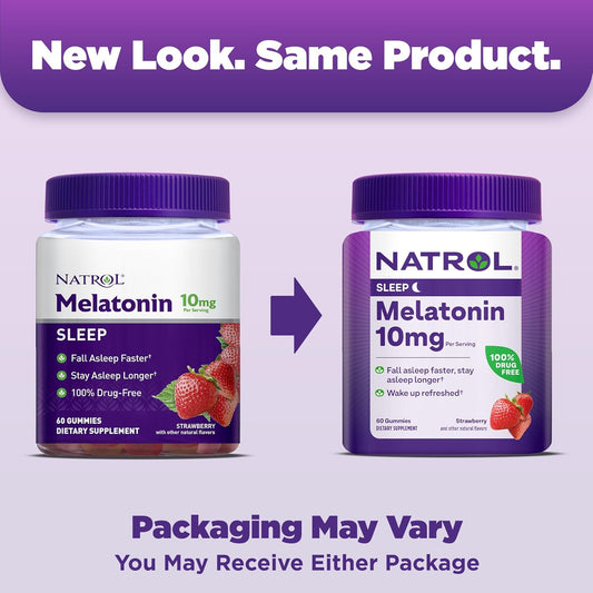 Natrol Melatonin Gummies, Sleep Support For Adults, 10 Mg Melatonin Supplement For Sleeping, 60 Strawberry-Flavored Gummies, Up To A 30 Day Supply
