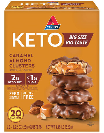 Atkins Caramel Almond Clusters, Gluten Free, High In Fiber, 1G Sugar, 2G Net Carb, Keto Friendly, 20 Count