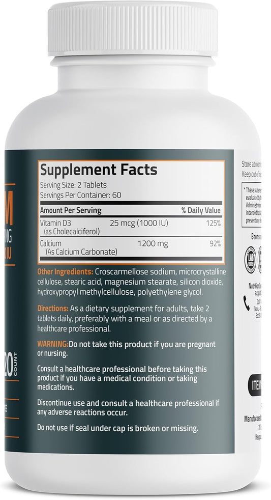 Bronson Calcium 1200Mg Per Serving Plus Vitamin D3 1000 Iu High Potency Formula, Non-Gmo, 120 Tablets