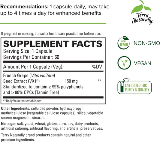 Terry Naturally Clinical OPC 150 mg - 60 Vegan Capsules - French Grape Seed Extract Supplement - Antioxidant - Non-GMO, Gluten Free - 60 Servings