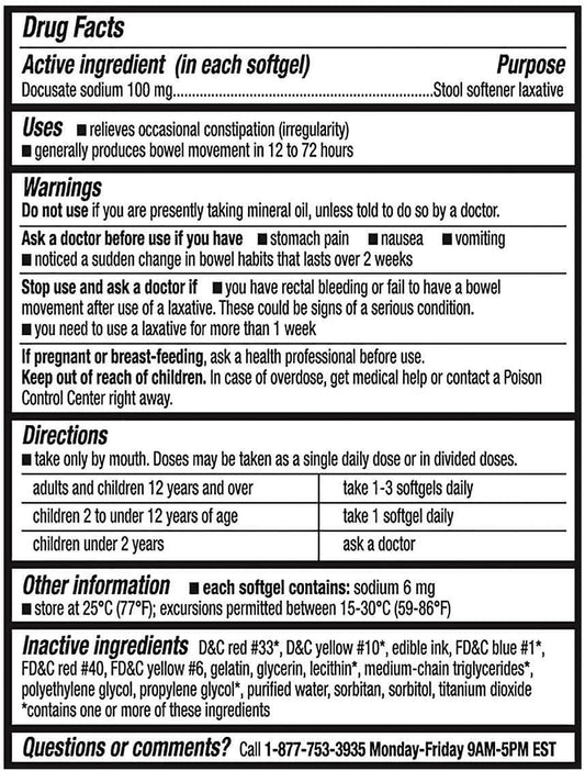 Kirkland Signature Stool Softener Docusate Sodium 100 Mg, 800 Softgels/2Bottle