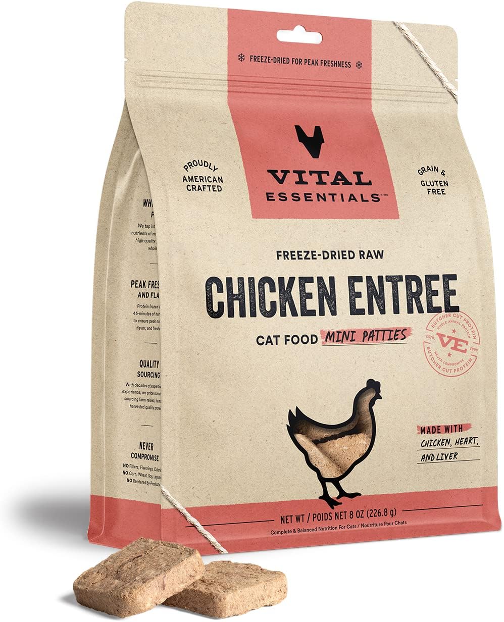 Vital Essentials Freeze Dried Raw Cat Food, Chicken Mini Patties Entree, 8 Oz