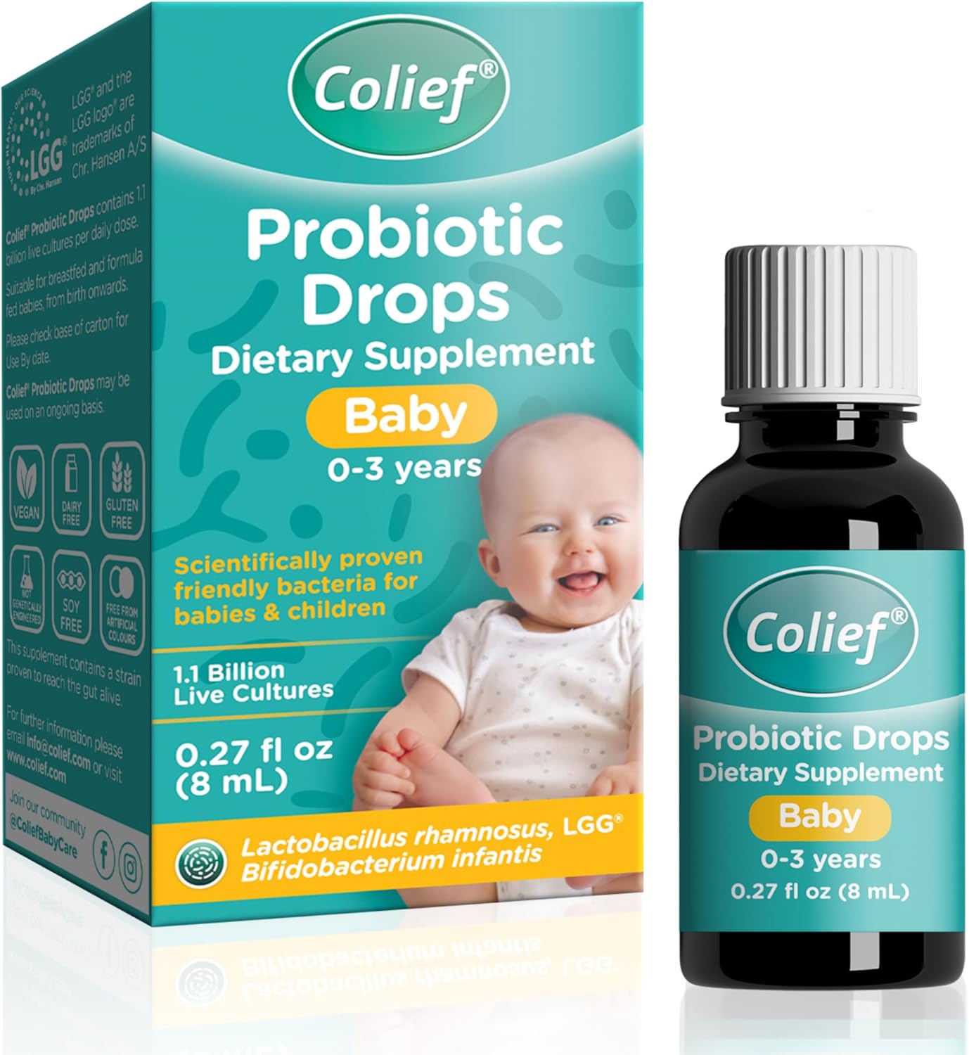 Colief Probiotic Drops Baby | 1.1 Billion Live Cultures | Lactobacillus Rhamnosus & Bifidobacterium Infantis | Suitable From Birth | Scientically Proven Friendly Bacteria | 0.27 Fl Oz