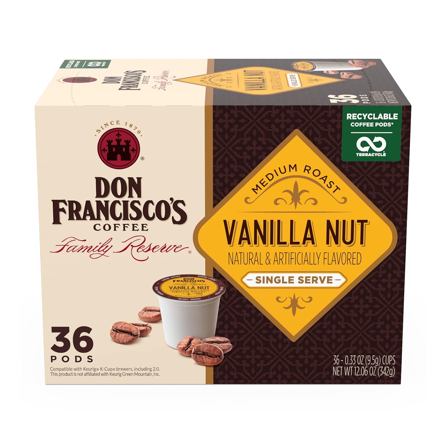 Don Francisco's Vanilla Nut Flavored Medium Roast Coffee Pods - 36 Count - Recyclable Single-Serve Coffee Pods, Compatible with your K-Cup Keurig Coffee Maker (Including 2.0)