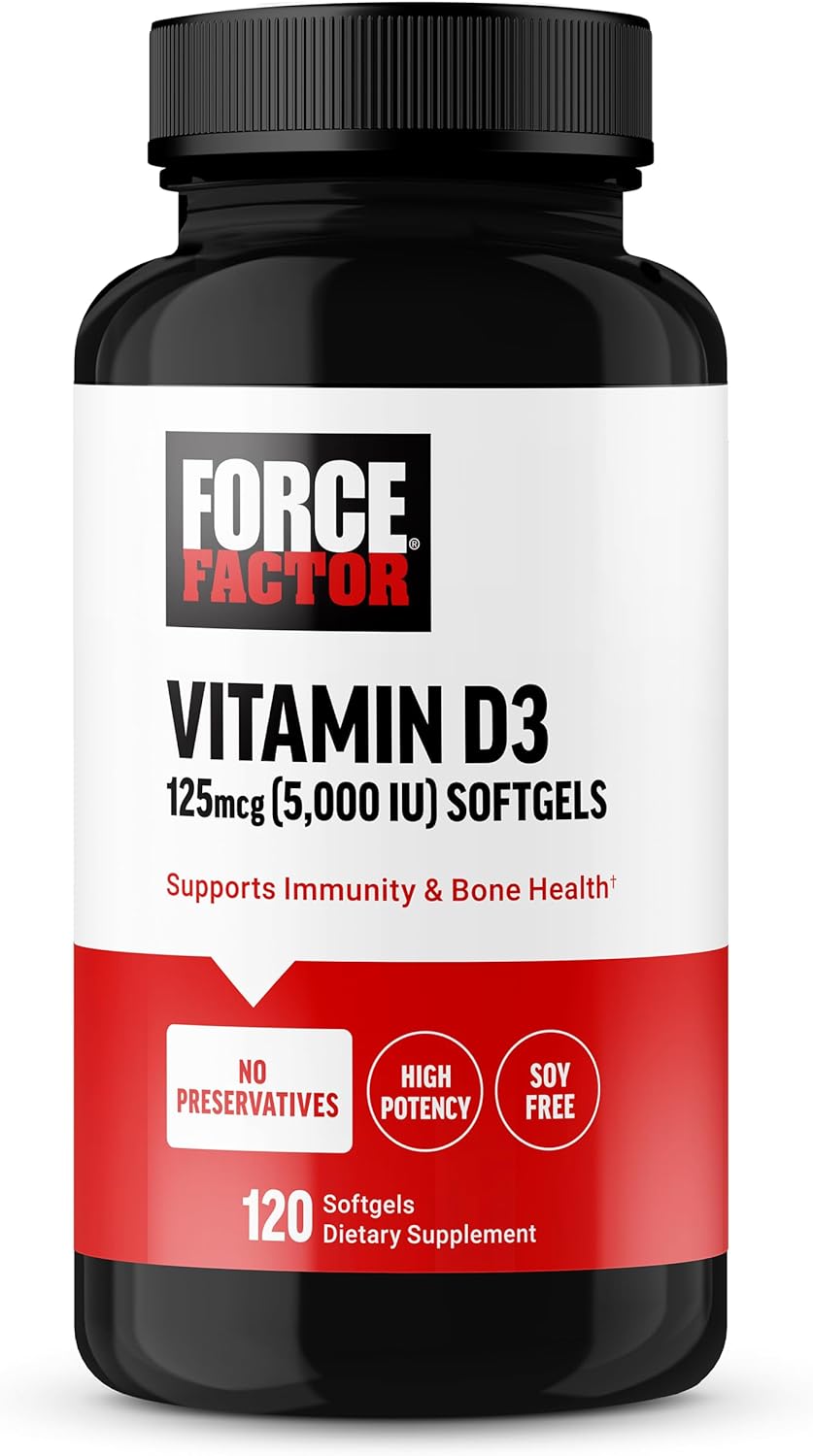 FORCE FACTOR Vitamin D3 5000 IU Softgels, High-Potency Vitamin D Supplement to Support Immunity and Bone Health, Premium Quality, No Preservatives, 120 Softgels