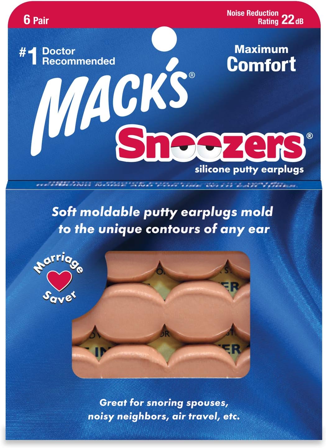 Mack's Snoozers Silicone Putty Earplugs - 6 Pair ? Comfortable, Moldable Silicone Ear Plugs for Sleeping, Snoring, Loud Noise & Traveling | Made in USA