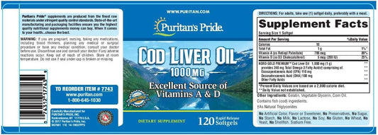 Puritan's Pride Cod Liver Oil, 1000 Mg, 120 Count : Health & Household