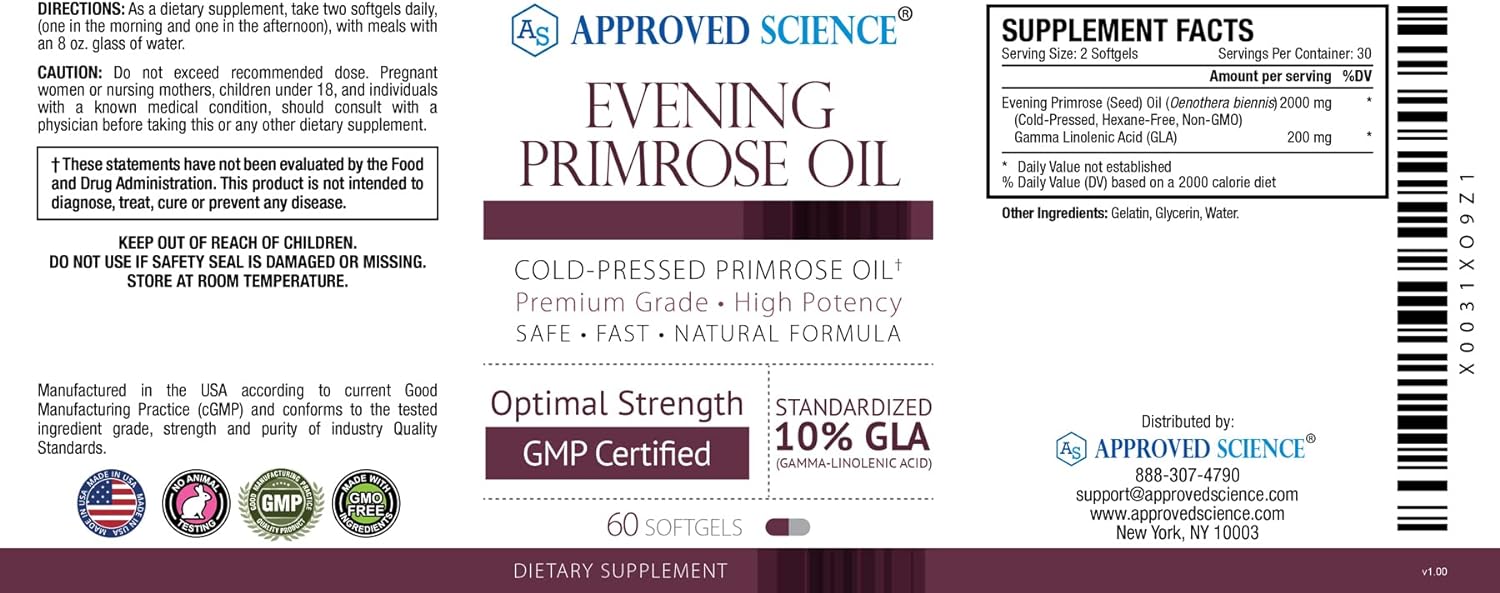 Approved Science Evening Primrose Oil - Maximum Strength - Cold Pressed - 10% GLA - Hormonal Balance, Skin and Heart Health - 60 Softgels - All Natural : Health & Household
