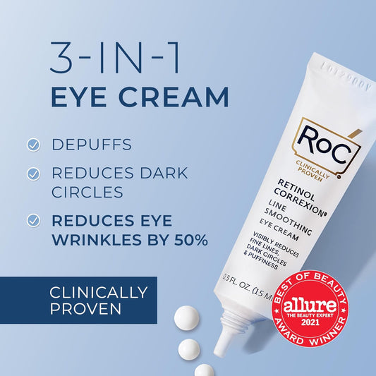 Roc Retinol Correxion Eye Cream Mini For Dark Circles & Puffiness, Daily Wrinkle Cream, Anti Aging Line Smoothing Skin Care Treatment, .25 Ounces