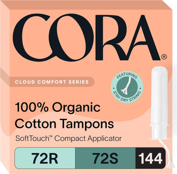 Cora Organic Applicator Tampon Multipack | 72 Regular & 72 Super Absorbency | 100% Organic Cotton, Unscented, Bpa-Free Compact Applicator | Leak Protection | Packaging May Vary | 144 Total