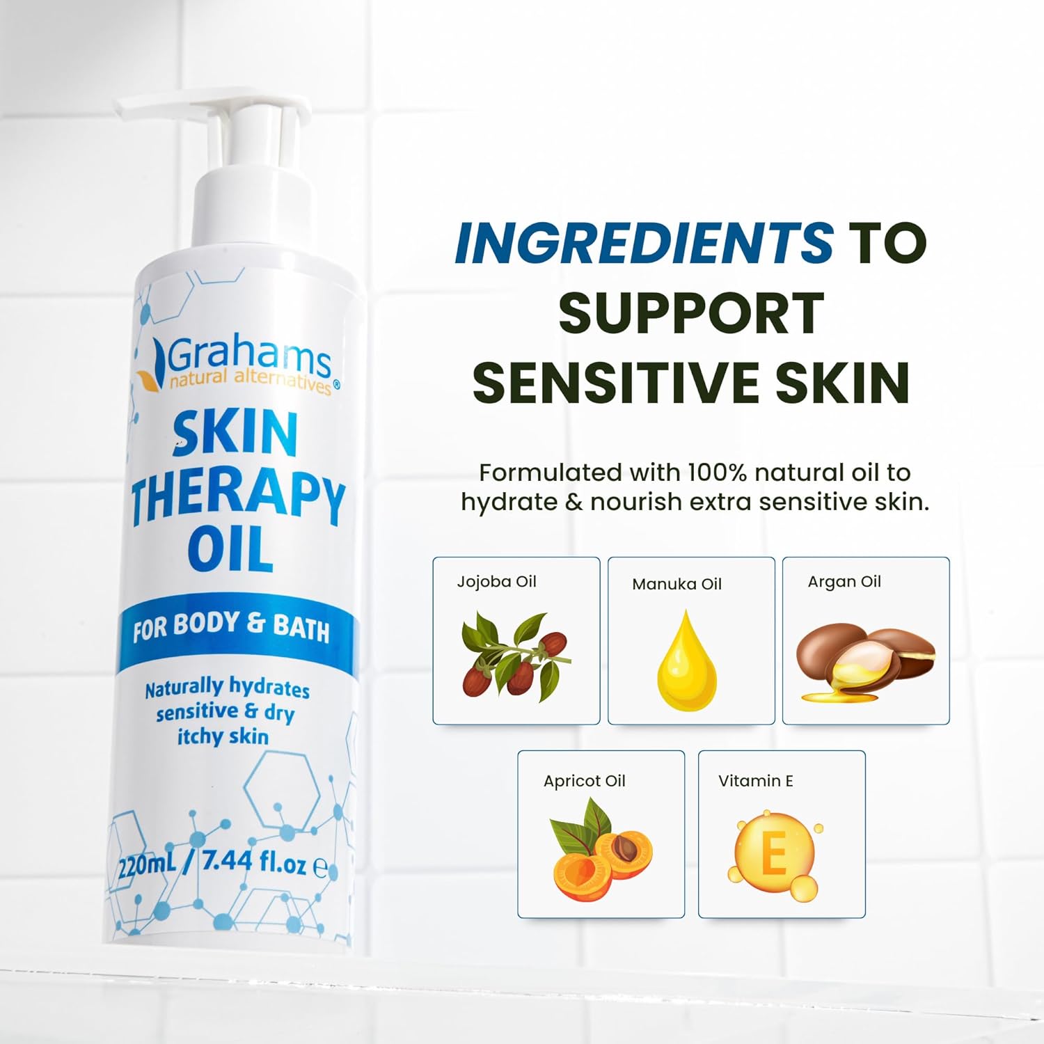 Grahams Natural Skin Therapy Body Oil - For Dry Skin, Eczema & Itch Relief - Hydrates & Nourishes Sensitive Skin - Natural 100% Oil Blend with Vitamin E | Hypoallergenic & Steroid-Free (220ml) : Amazon.co.uk: Beauty