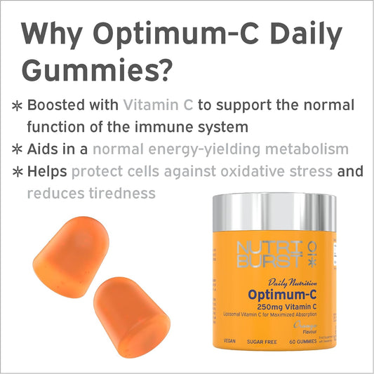 Nutriburst Optimum C - Liposomal Vitamin C (250Mg) - Energy & Immune System Support - Orange Flavour - 60 Gummies 1 Month Supply - Suitable For Vegans