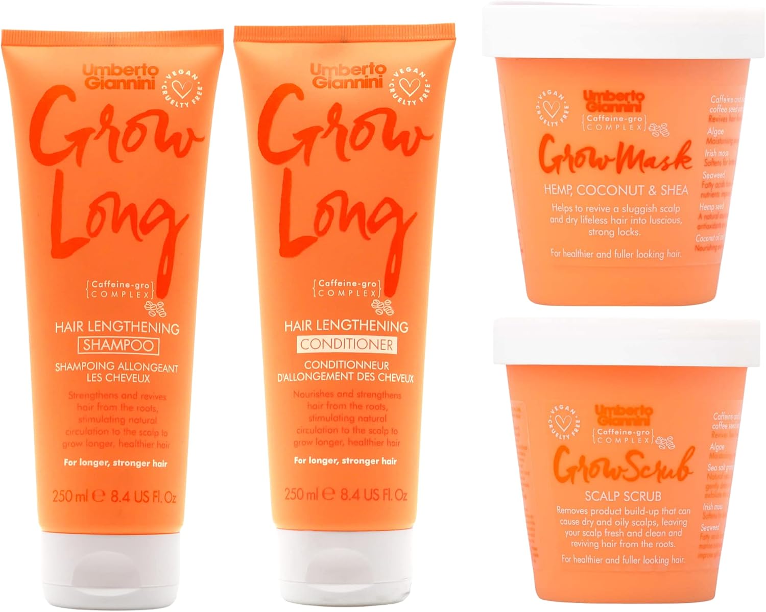 Umberto Giannini Grow Long Wash Essentials - Lengthening Shampoo, Strengthening Conditioner, Grow Scrub & Moisturising Hair Mask