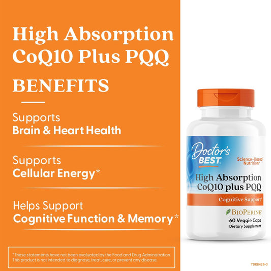 Doctor'S Best High Absorption Coq10 Plus Pqq, Cognitive Support, Usp Verified, Naturally Fermented Coq10, Non-Gmo, Gluten Free, Soy Free, Vegan 60 Veggie Caps
