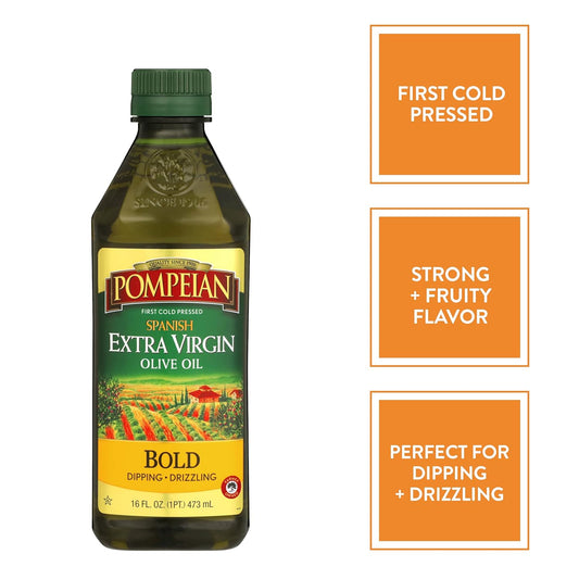 Pompeian Spanish Bold Extra Virgin Olive Oil, First Cold Pressed, Strong, Fruity Flavor, Perfect For Dipping And Drizzling, 16 Fl. Oz