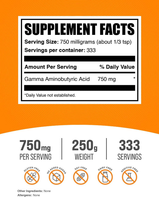 BulkSupplements.com GABA Powder - Gamma Aminobutyric Acid, GABA Supplement, GABA 750mg - Amino Acid Supplement, Gluten Free, 750mg per Serving, 250g (8.8 oz) (Pack of 1)