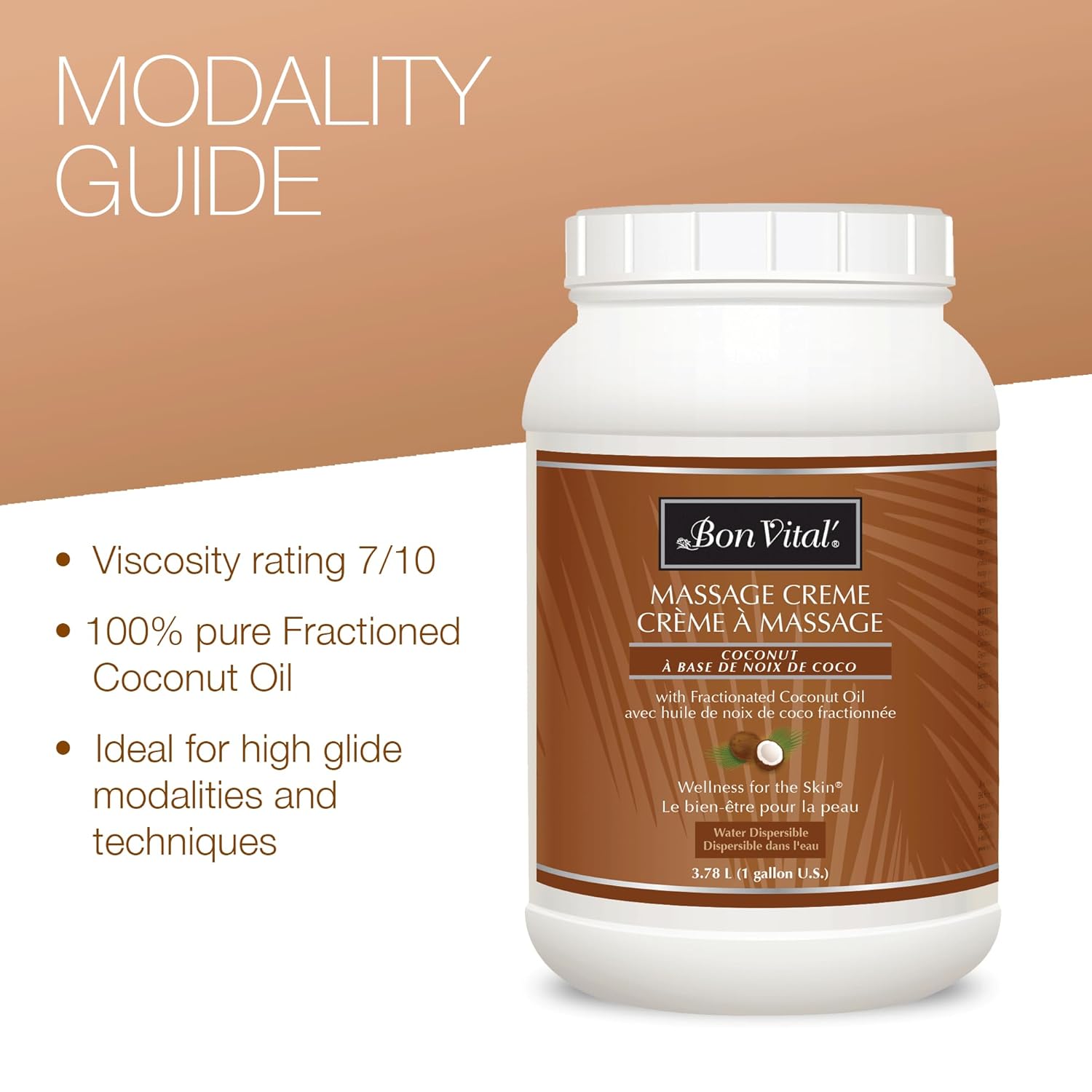 Bon Vital' Coconut Massage Creme With 100% Pure Fractionated Coconut Oil, Massage Cream & Moisturizer To Repair Dry Skin, No Greasy Feel, Professional Massage Anti-Aging Cream, 1 Gal, Label May Vary : Beauty & Personal Care