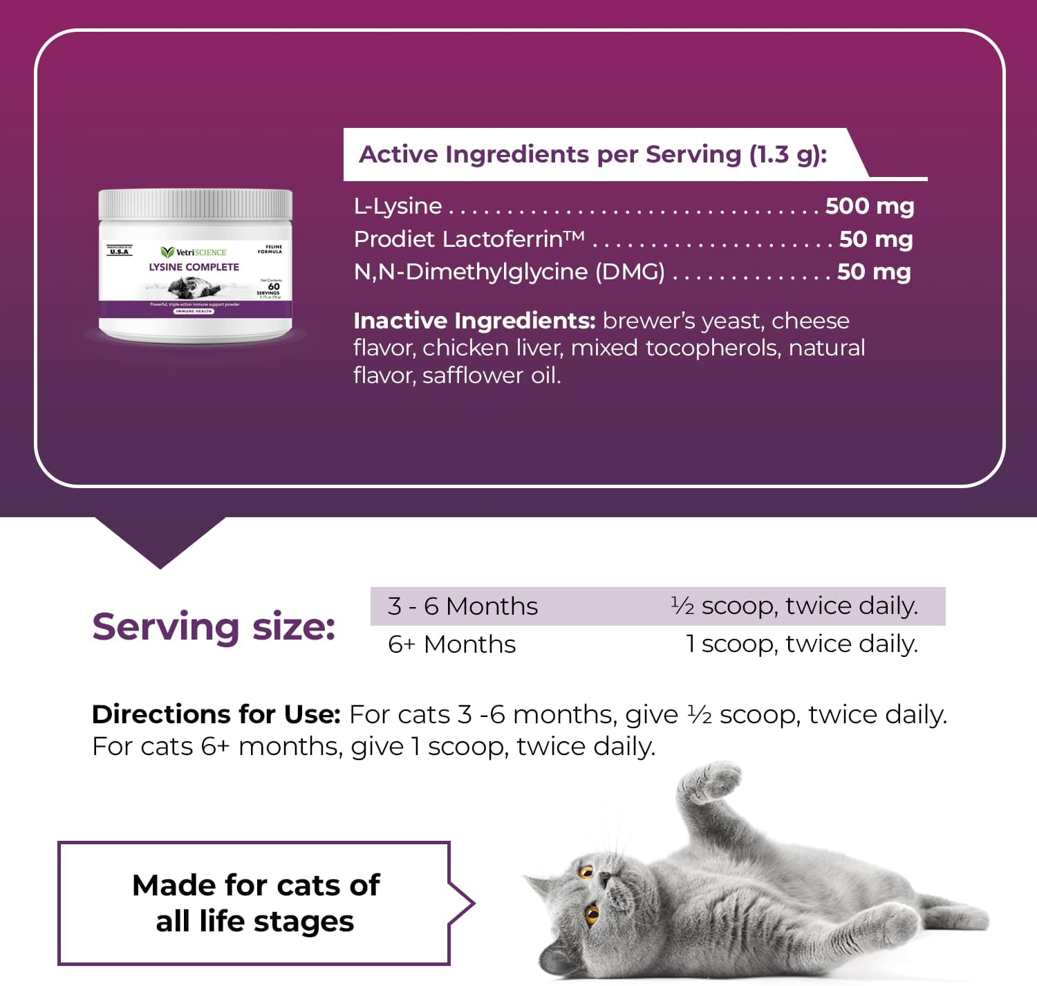 VetriScience Lysine Complete Triple Action Cat Lysine Powder with Scoop - 60 Servings - Immune Support Cat Supplements and Vitamins with L-Lysine and DMG for Immunity and Respiratory Health?