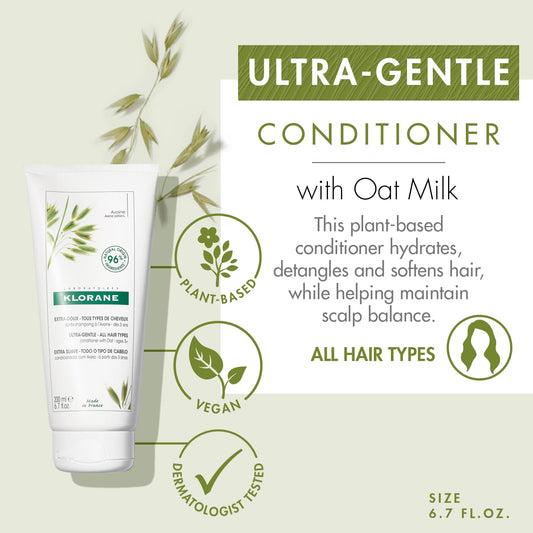 Klorane Ultra-Gentle Conditioner with Oat Milk, Sulfate-Free, Dermatologist and Pediatric Tested, Hypoallergenic, Vegan, Plant-based, Biodegradable 6.7 Fl Oz (Pack of 1)