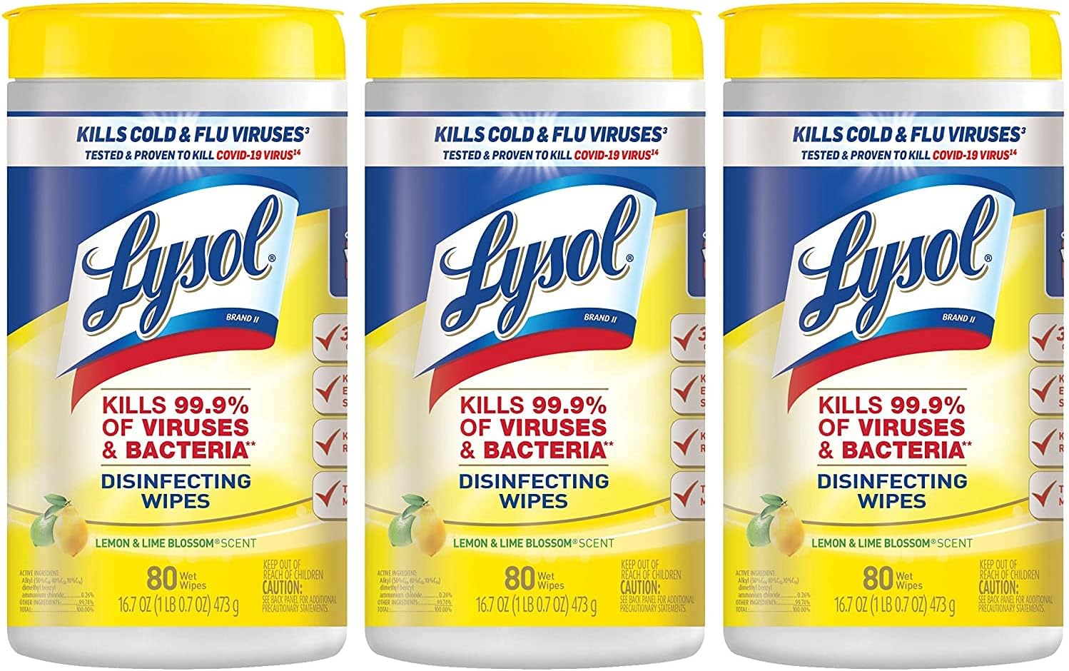 Lysol Disinfectant Wipes, Multi-Surface Antibacterial Cleaning Wipes, For Disinfecting And Cleaning, Lemon And Lime Blossom, 80 Count (Pack Of 3)