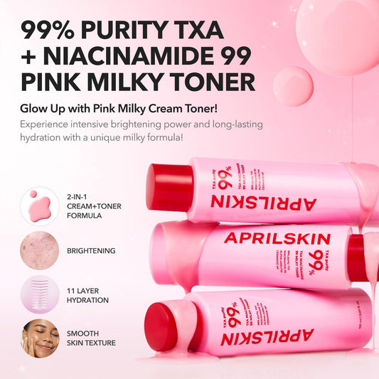 Aprilskin Txa+Niacinamide 99 Pink Milky Toner | 99% High-Purity Txa 3%+ Niacinamide 5% For Brightening | Highly Concentrated Cream Toner | Deep Moisturizing Formula For Dull Skin | 5.07 Fl.Oz