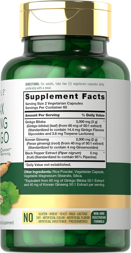 Carlyle Panax Ginseng + Ginkgo Biloba | 120 Vegetarian Capsules | 5,000Mg | Vegetarian, Non-Gmo, And Gluten Free Supplement