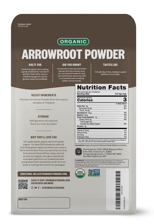 Fgo Organic Arrowroot Powder, 16Oz (1 Pound), Usda Organic, Non-Gmo Natural Thickener, Gluten-Free, Dairy-Free, Flour Or Corn Starch Substitute