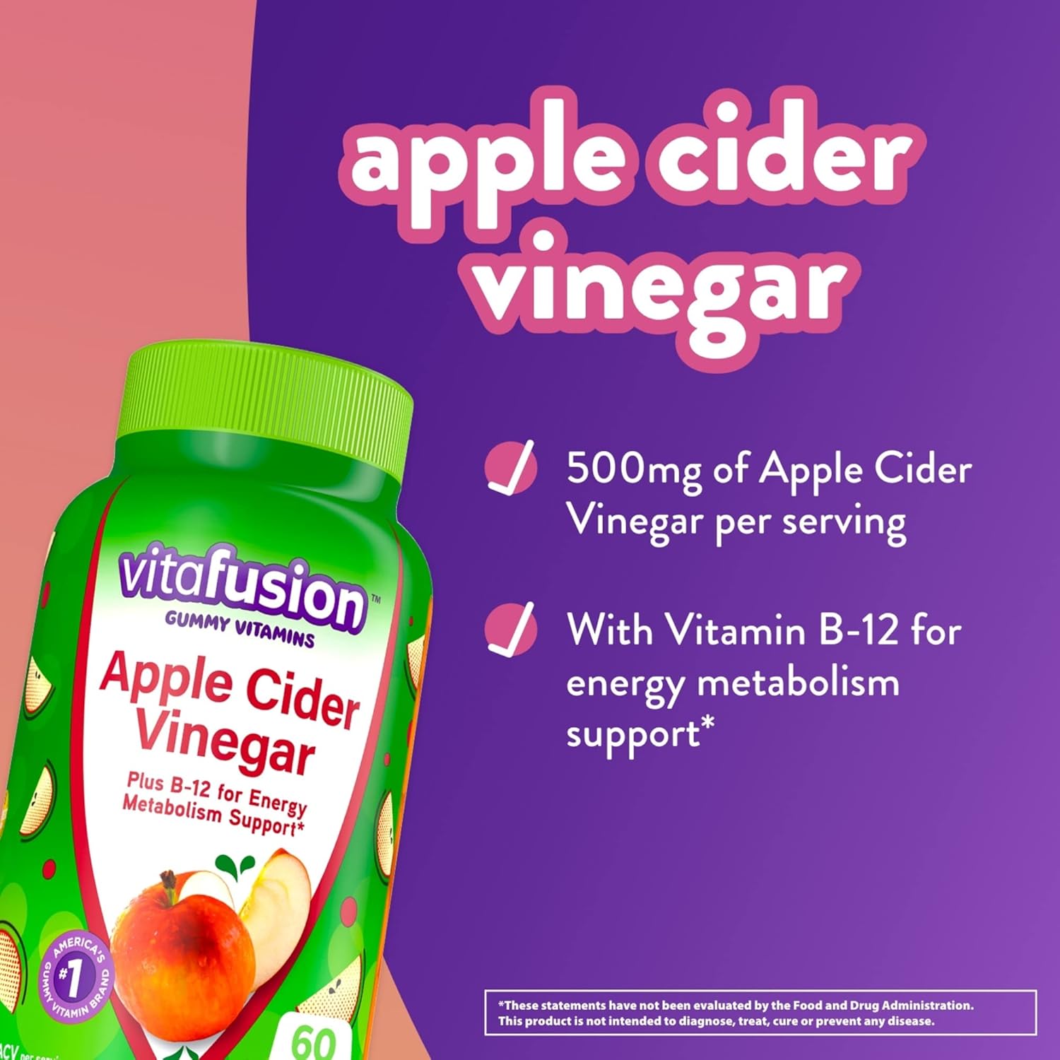 vitafusion Apple Cider Vinegar Gummies, 500mg Apple Cider Vinegar per serving plus B Vitamins, 60ct (30 day supply), Natural Apple Cider avor from America’s Number One Gummy Vitamin Brand