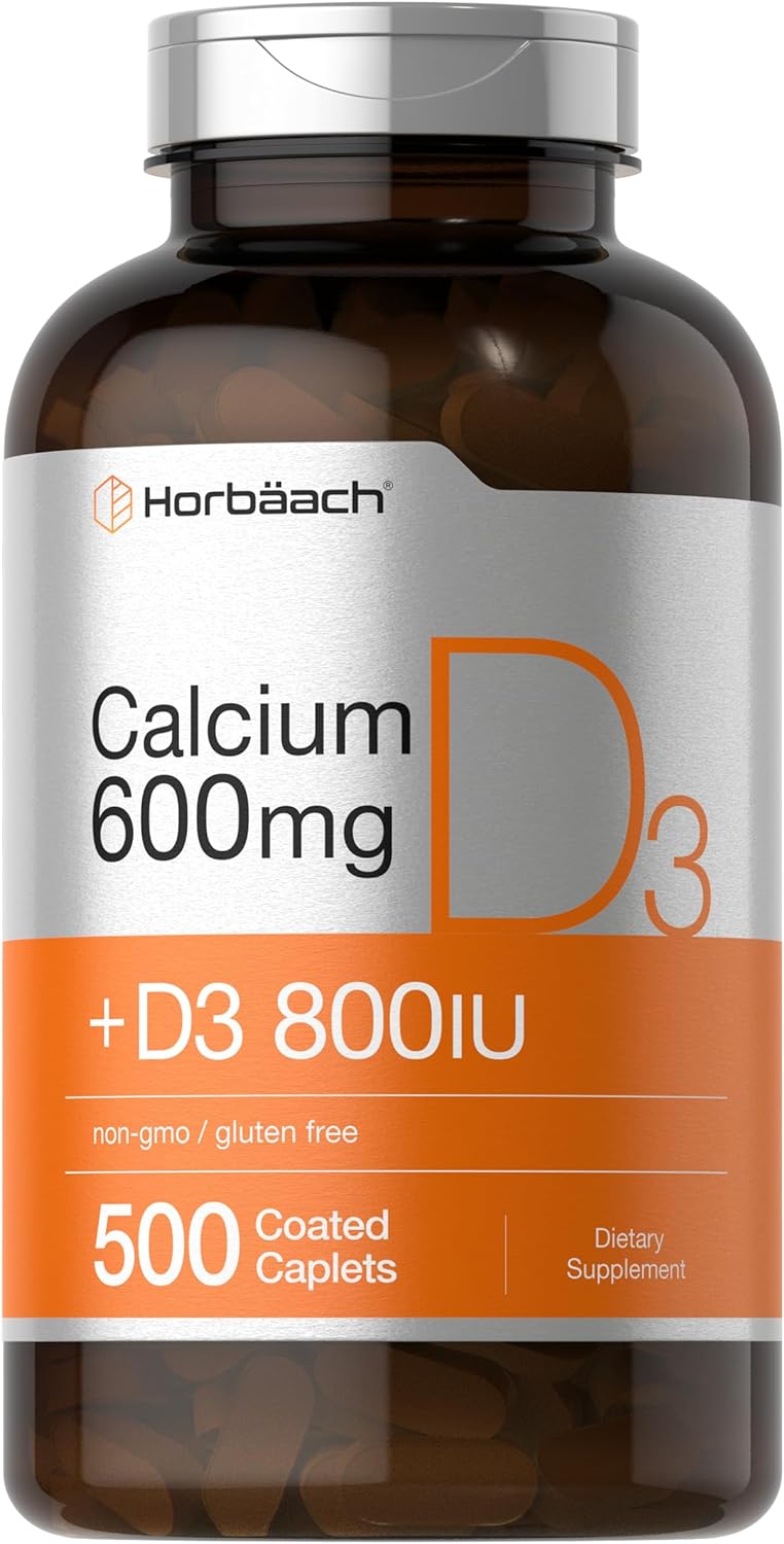 Horbäach Calcium Supplement with Vitamin D3 | 600 mg | 500 Coated Caplets | Non-GMO and Gluten Free