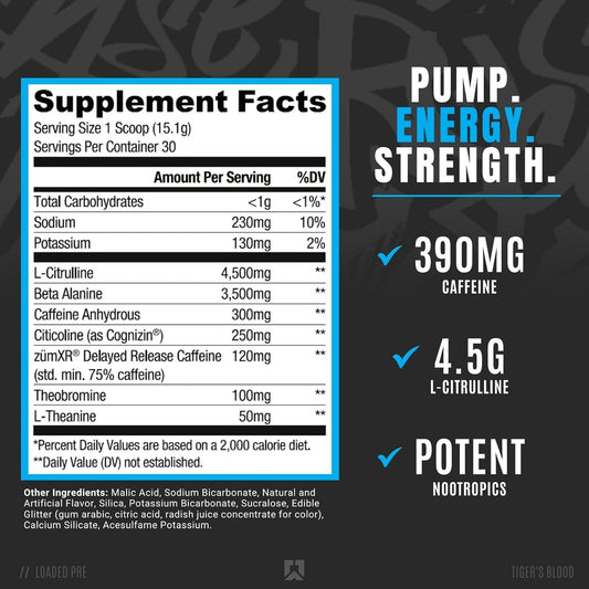 RYSE Up Supplements Loaded Pre Workout Powder Supplement for Men & Women | Pumps, Energy, Focus | Beta Alanine + Citrulline | 390mg Caffeine | 30 Servings (Tiger's Blood)