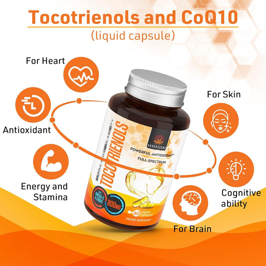 Tocotrienols 800mg Supplement | Rich in Vitamin E Tocotrienols, Cardiovascular, Antioxidant, Cellular Energy Production - 60 Liquid Capsules