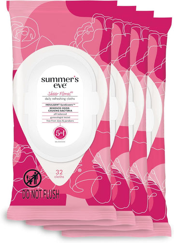 Summer'S Eve Sheer Floral Daily Refreshing Feminine Wipes, Removes Odor, Ph Balanced, 32 Count, 4 Pack