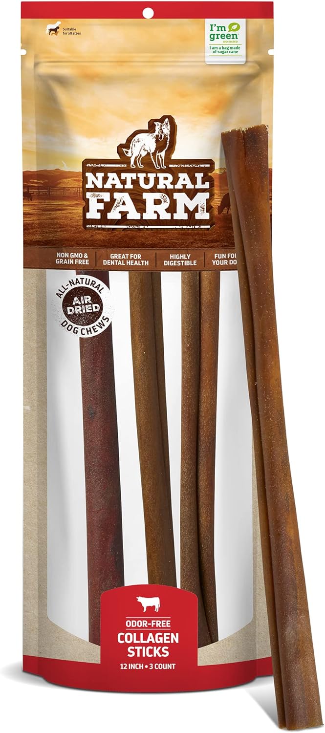 Natural Farm Odor-Free Collagen Dog Chews (12 Inch, 3 Pack), Long Lasting Bully Sticks & Rawhide Alternative Dog Treats, 95% Collagen Low Fat, High Protein Best Dental Dog Treats – Medium & Large Dogs