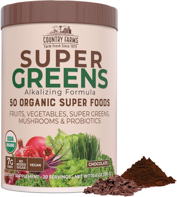 COUNTRY FARMS Super Greens Chocolate Flavor, 50 Organic Super Foods, USDA Organic Drink Mix, Fruits, Vegetables, Super Greens, Mushrooms & Probiotics, Supports Energy, 20 Servings, 10.6 Oz
