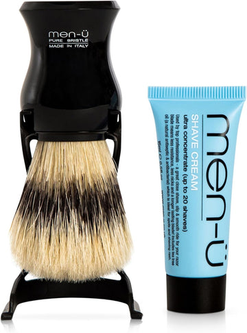 Men-Ü Barbiere Pure Bristle Shaving Brush (Black)– Traditional Shaving Brush Set From Italy - Pure Bristles. A Great Introductory Shaving Brush. Includes 15Ml Shave Cream Tube