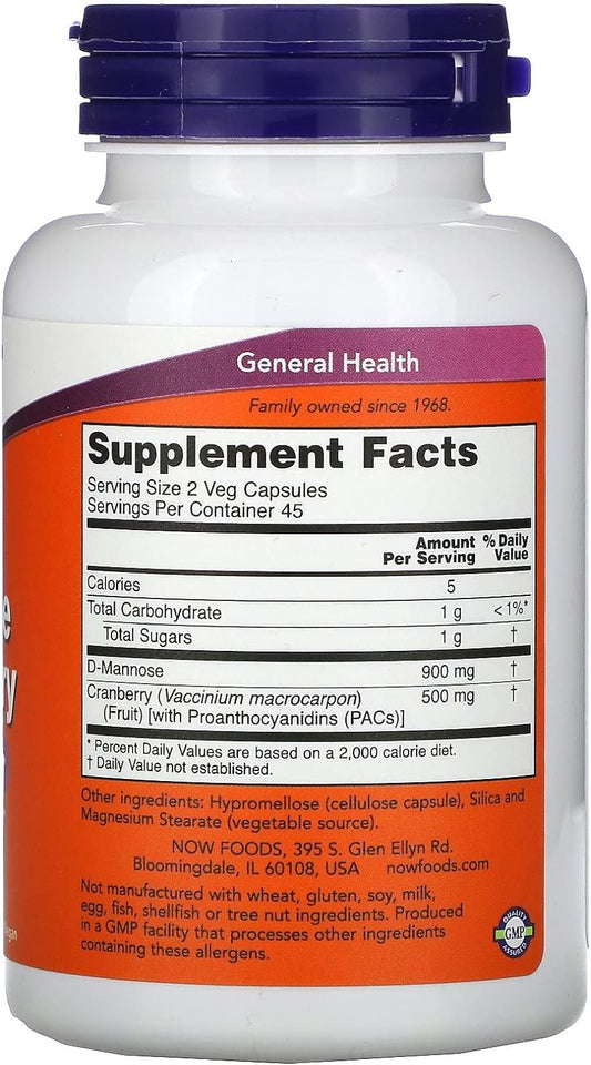 NOW Supplements, Mannose Cranberry, Dual Action Formula*, Clinically Evaluated, Urinary Tract Health*, 90 Veg Capsules