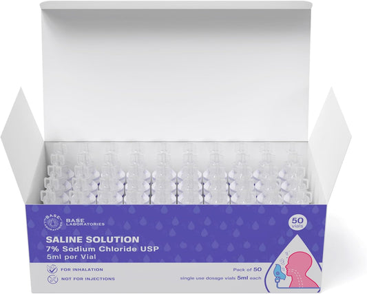 Base Laboratories 7% Saline Solution For Nebulizer Machine | Saline Solution For Inhalation & Nasal Irrigation | High 7% Concentration L 50 Vials 5Ml Unit Dose