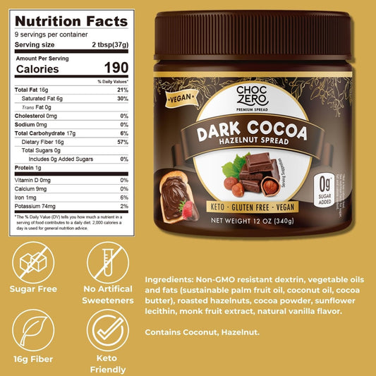 Vegan Cocoa Hazelnut Spread By Choczero - Keto Friendly, Sugar Free Dessert And Keto Bread Topping - Low Carb Chocolate (1 Jar, 12 Oz)