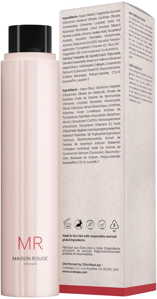 Maison Rouge Brightening Face Cream Refill By Codeage – Glutathione Cream, Collagen Peptides, Vitamin E, Coq10 – Radiance & Antioxidant Complex – Paraben And Sulfates Free – Skin Care - 1.7 Fl Oz