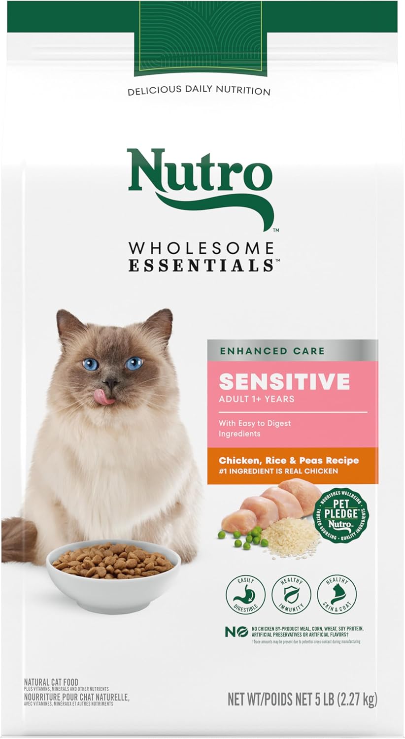 Nutro Wholesome Essentials Dry Cat Food, Sensitive Stomach Cat Food, Chicken, Rice & Peas, 5 Lbs