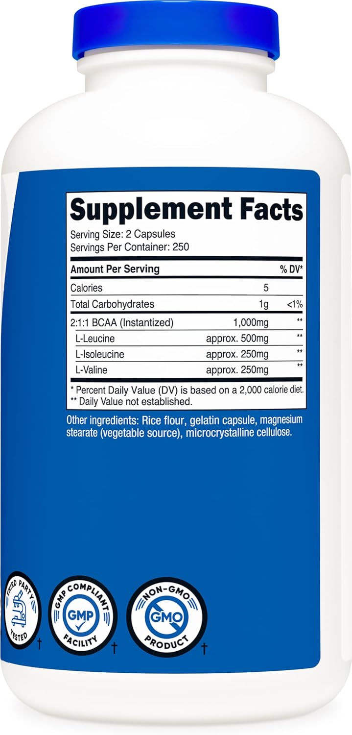 Nutricost BCAA 1000mg, 500 Capsules (250 Serv), 2:1:1 Branched Chain Amino Acids (500mg of L-Leucine, 250mg of L-Isoleucine and L-Valine) : Health & Household