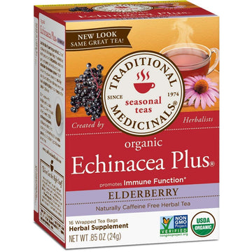Traditional Medicinals Organic Echinacea Plus Elderberry Herbal Tea, Promotes Immune Function, (Pack of 2) - 32 Tea Bags Total,16 Count (Pack of 2) : Grocery & Gourmet Food