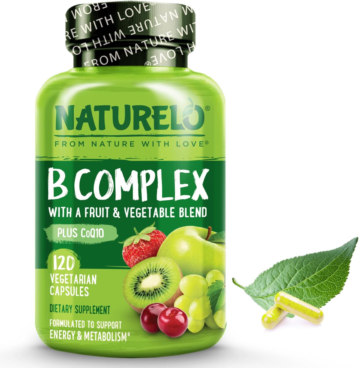 Naturelo Vitamin B Complex With Methyl B12, Methyl Folate, Vitamin B6, Biotin Plus Choline, Coq10, And Fruit & Vegetable Blend - Supports Energy & Healthy Stress Response - Vegan - 120 Capsules