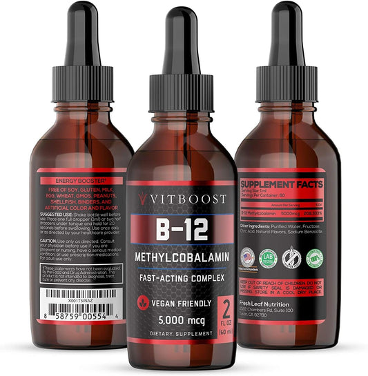 Vegan Liquid B-12 Drops ? 60 x 5000 mcg Extra Strength Raspberry Flavored Vitamin B12 Liquid Methylcobalamin sublingual Supplement | Designed to Maximize Absorption & Energy | Gluten Free