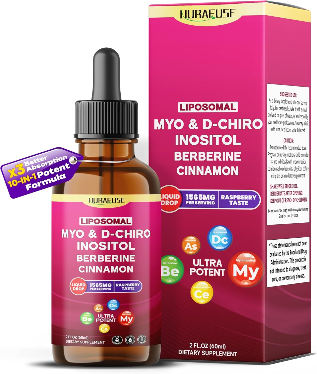Liposomal Myo & D-Chiro Inositol, Berberine, Cinnamon Liquid Drops – 1565Mg Per Serving, Ultra Potent, Raspberry Taste, Usa Made & Lab Tested – 2 Fl Oz (60Ml)