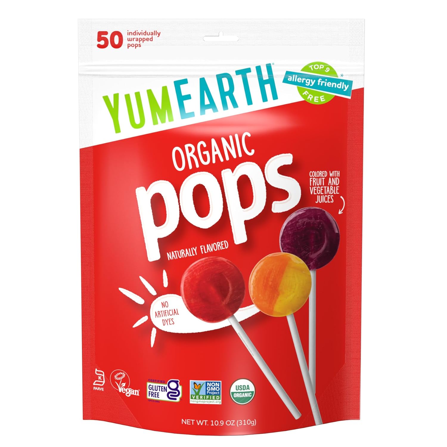 YumEarth Organic Pops Variety Pack, 50 Fruit Flavored Favorites Lollipops, Allergy Friendly, Gluten Free, Non-GMO, Vegan, No Artificial Flavors or Dyes