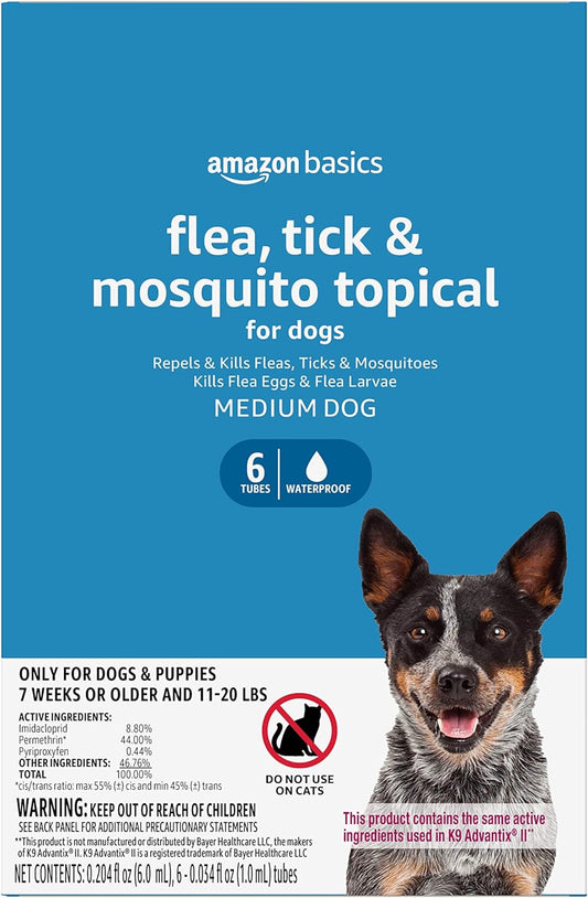 Amazon Basics Flea, Tick & Mosquito Topical Treatment for Medium Dogs (11-20 pounds), 6 Count (Previously Solimo)